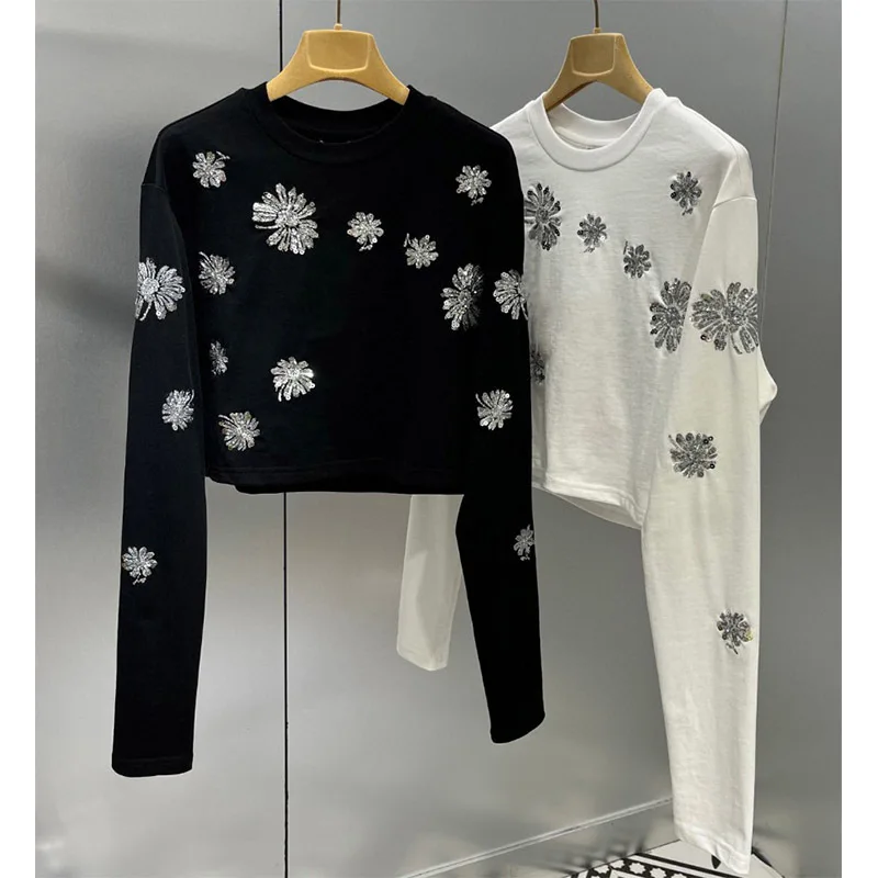 70 割引 22春の高級ブランド長袖女性tシャツソリッド基本oネック黒白ファッションクロップトップtシャツ高品質ビーズtシャツ 公式 特選 Signature Johaness Com