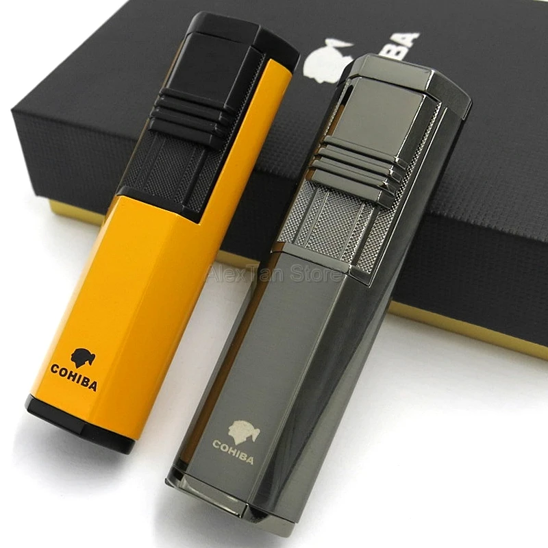 COHIBA высококачественный ветрозащитный 2 фонарь Jet Flame Зажигалка для сигар W/удар COHIBA желтый и серый