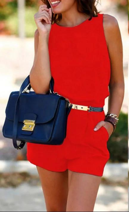 

2020 New Women Summer Pocket Romper Sleeveless Slim Bodysuit Sashes Casual Backless Jumpsuit Outfit