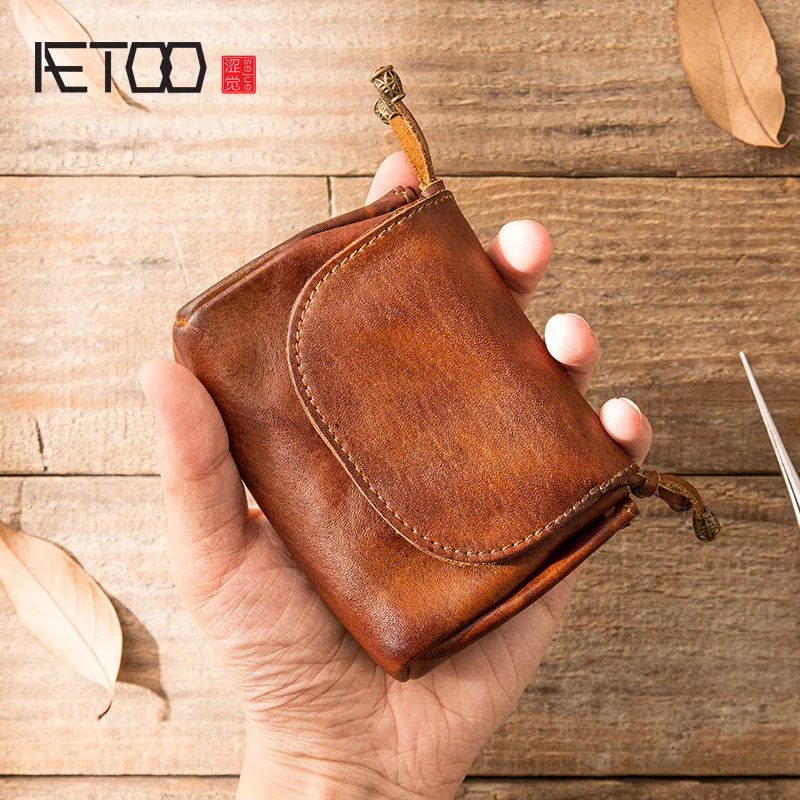 

AETOO Retro planted pickup bag, men's mini coin purse, first-layer leather ultra-thin driver's license card holder