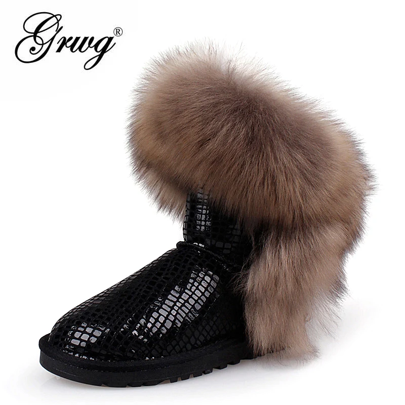Top Fashion 2020 Women's Natural Fox Fur Snow Boots 100% Genuine Cow Leather Winter Boots Female Winter Shoes Women Boots