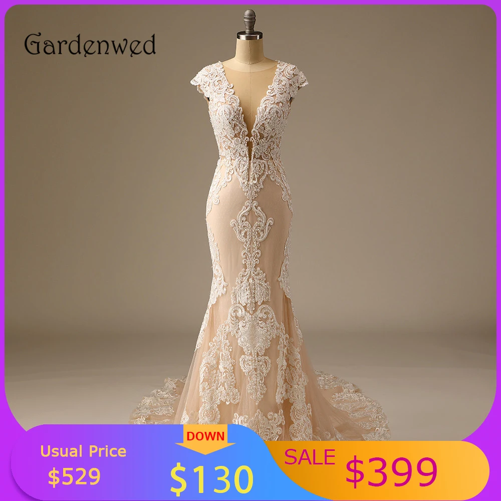 

Champagne Deep V neck Appliques Wedding Dress Cap Sleeves Mermaid Bride Dress Luxury Fish Tail Triangle Train Bridal Gown