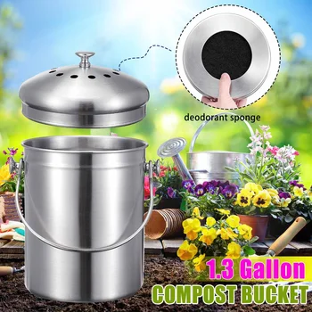 

Compost Container Bin Pericarp Home Durable Lid Stainless Steel Recycling Hotel Bucket 5L Capacity with 2 activated carbon spong