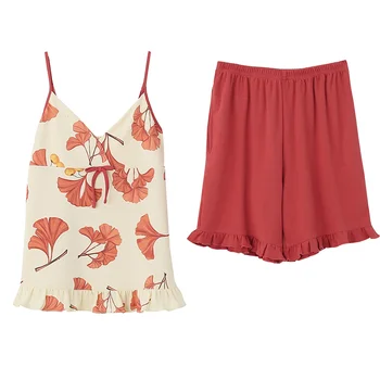 

Caiyier V-Neck 2020 Summer Pajamas Set Red Leaves Print Pijama Cotton Casual Sleepwear Sexy Strap Sleep Lounge Pyjama Homewear
