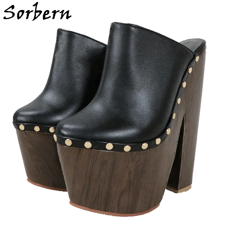 

Sorbern Punk Rivets Women Pump Block Heels Mules Unisex Studs Side Slip On Cork Style Wrapped Chunky Heel Platform Thick Shoe