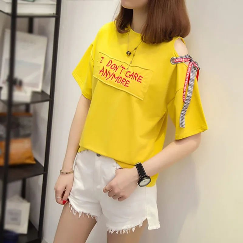 

2019 Summer Casual Women's O-Neck Cotton Cold Shoulder Letter Embroidery Short Sleeve Lace Up Appliques Pullover T-Shirt