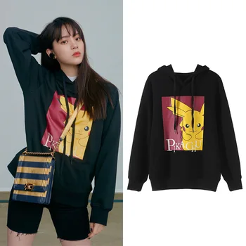 

Black Pikachu printed long sleeve loose top women's pure cotton Hoodie G0837