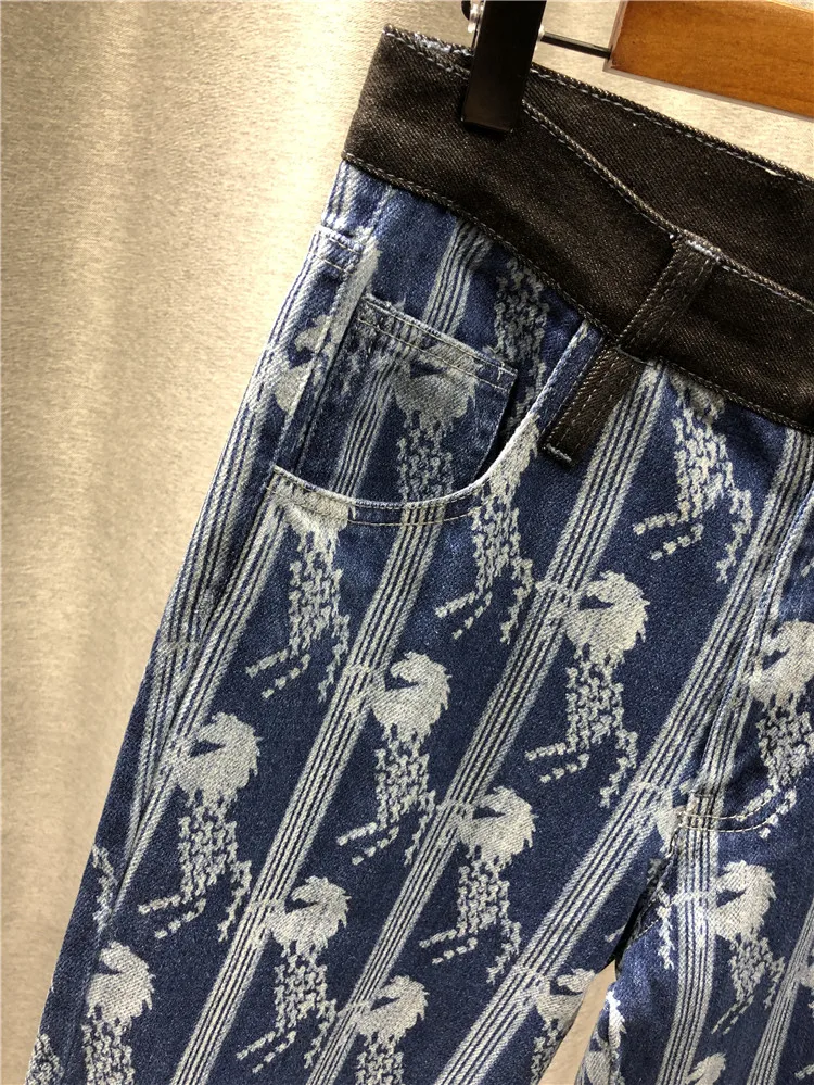Autumn New Fashion Temperament Printing Design women Jeans Cotton Tall Waist Straight Loose Nine Minutes Of Jeans Woman 2020