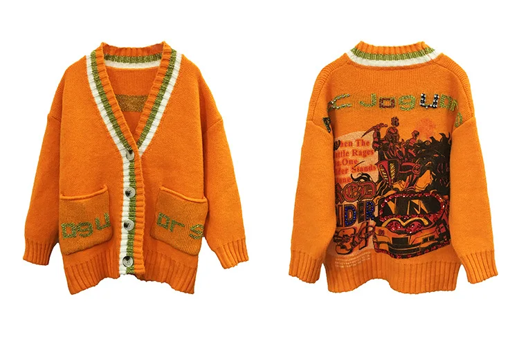 Тайланд Tide бренд Осень вышитый буквенным карманом цвет соответствующий кардиган свитер женский свободный патч повседневная куртка