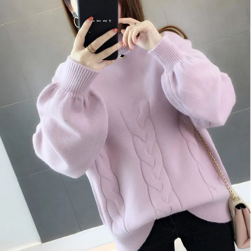 0.6 New Arrival Thick Winter Knitted Women Sweater Pink Half Turtleneck Solid Color Loose Pullover Korea | Женская одежда