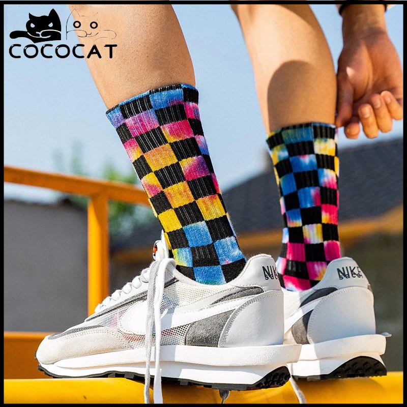 

COCOCAT Popsocket Tie Dye Socks Men Towel Bottom Cotton Sock Hit Color Grid Harajuku Socks Basketball Skateboard Wholesale