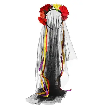 

Halloween Women Headband Skull Flower Long Mesh Headdress Dress Up Accessory