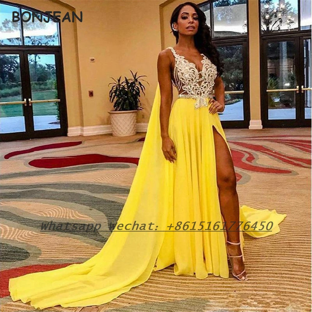 

Yellow V Neck Evening Dress Long 2021 A Line Lace Applique Backless Chffion Formal Evening Gown for Women