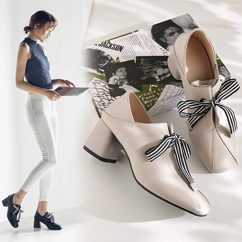 

Inside And Pure Leather Casual Network Red Wind Bow Bandage Cloth Shoes 2019 Spring And Autumn New Style in Chunky-Heel England