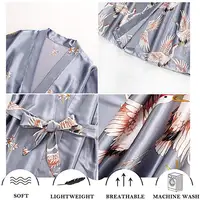 Gray satin Long Bathrobe Women Wedding Bride Bridesmaid Robe Nightgown Sleepwear Print Crane Kimono Size S M L XL XXL XXXL - Image 5