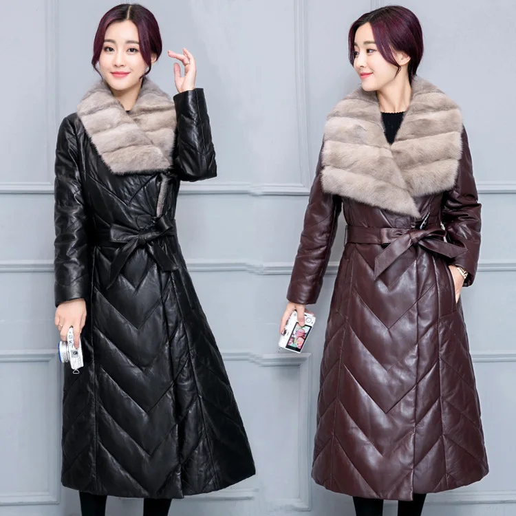 

Winter Down Jacket For Women 2020 Fashion Faux Leather Jacket Long Slim Coat Female Imitation Mink Fur Collar Plus Size 4xl Q118