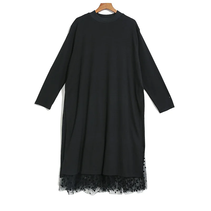 [EAM] женское черное Сетчатое платье в горошек с разрезом, новинка, воротник-стойка, длинный рукав, свободный крой, мода, весна-осень, 1B593 - Цвет: black