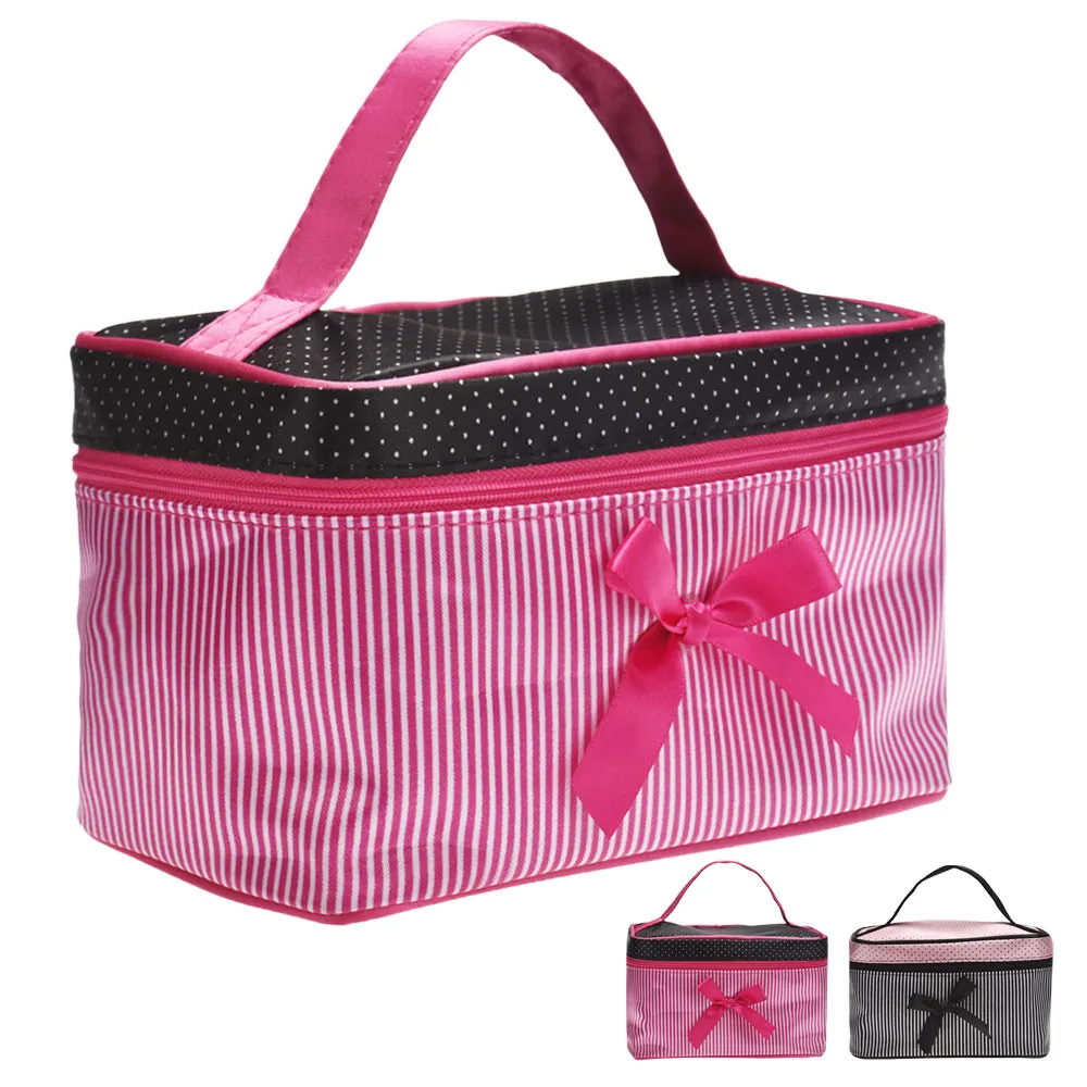 Bolsa de maquillaje 19x12x11 см, женская модная косметичка с квадратным бантом и полосками, мягкие атласные косметички, косметичка, косметичка# J05b