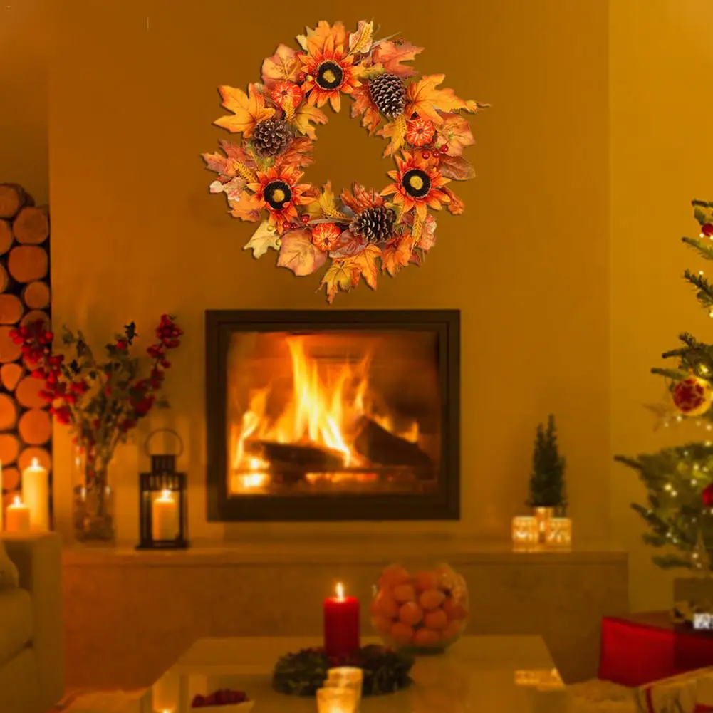 

Halloween Winter Front Door Decorative Wreath With Maple Leaf Pumpkin Pinecone Red Berries Garland