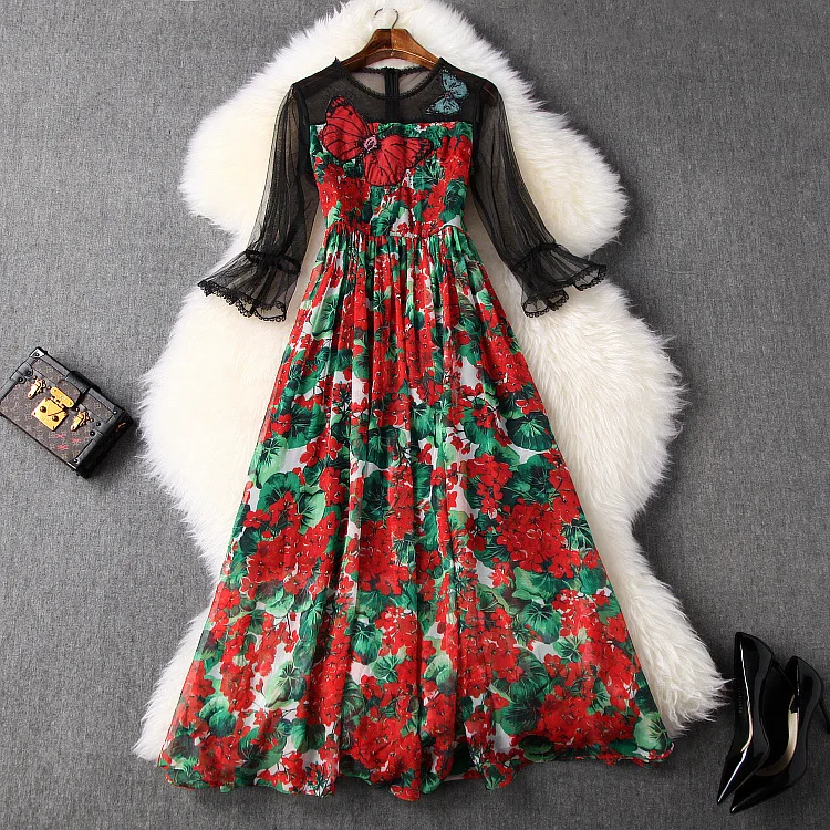 

New European and American women's dresses for spring 2020 Seven cent horn sleeve Floral print Fashionable pleated dress