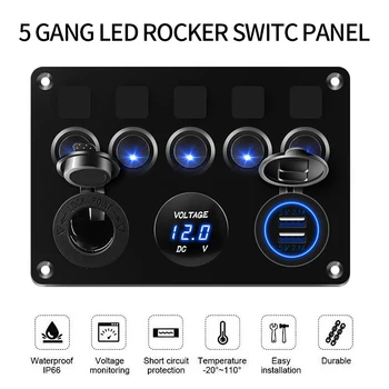 

5 Gang Switch Panel Digital Voltmeter Dual USB Port 12V Outlet Waterproof For Car Marine Boat LED Rocker Switch Panel