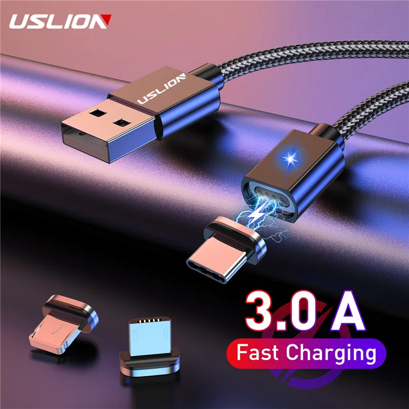 Магнитный кабель USLION Micro USB для iPhone Samsung 3A провод быстрой зарядки и передачи данных