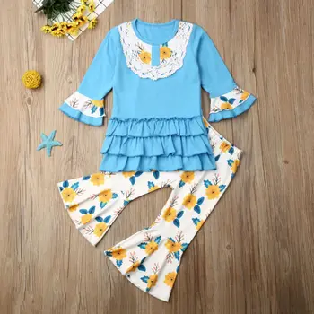 

1-4 Years Girls Clothes 2019 Autumn Infant Kid Baby Girl Clothes Sets Blue Tops Sunflower Flare Pant Baby Girls Set Girls Outfit