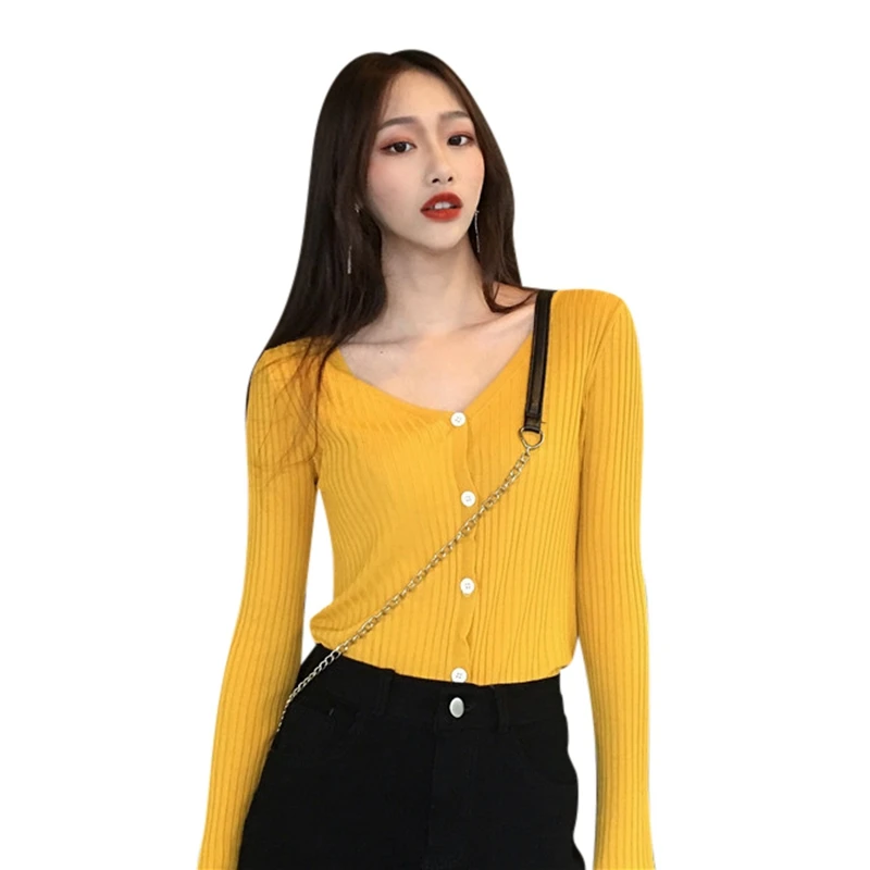 Цвет: желтый New Korean Contrast Color V-neck Wild Long-Sleeved Knit Cardigan - Цвет: Цвет: желтый