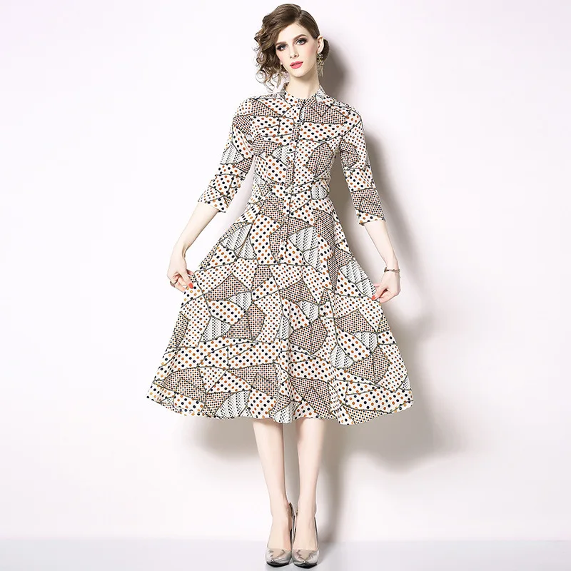 

Photo Shoot Ozhouzhan Spring And Summer New Style Polka Dot Floral Printed Dress Slim Fit Slimming Dress