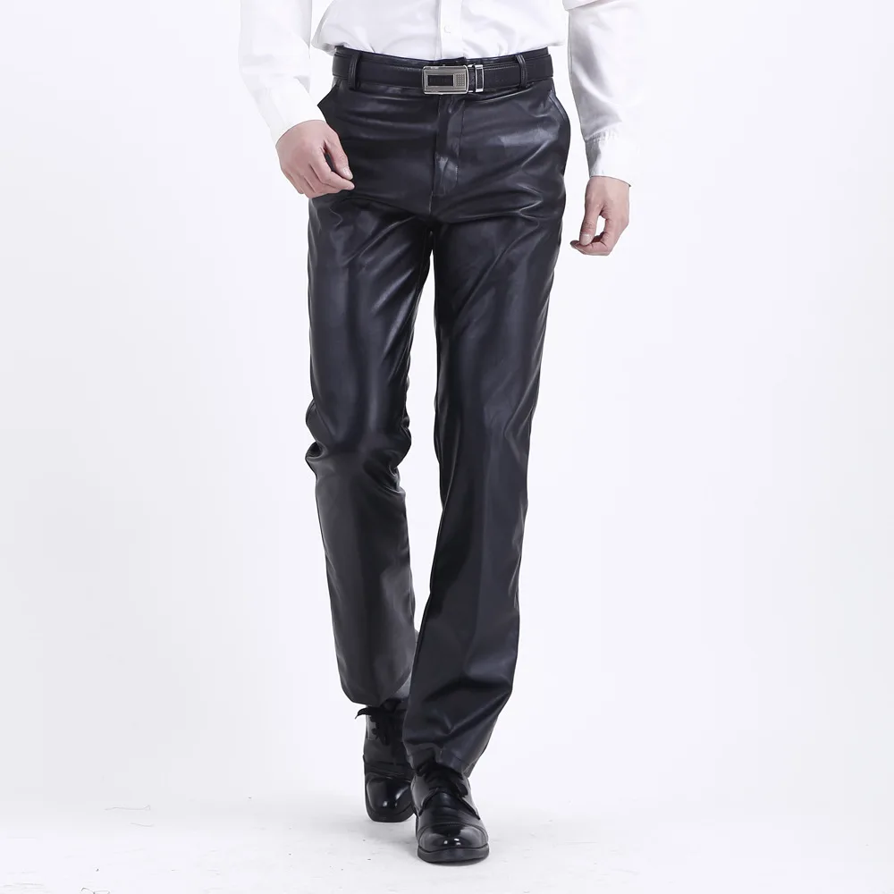Летние мужские Бизнес Slim Fit эластичный черный искусственного кожаные брюки