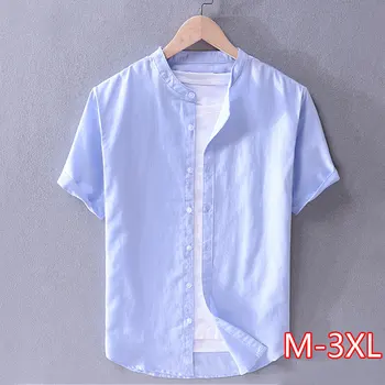 

New arrival brand linen shirts men summer solid yellow shirt mens fashion casual stand collar shirt male plus size camiseta