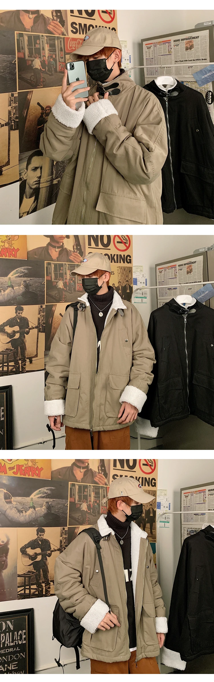 Winter Lamb Hair Jacket Men's Warm Thick Fashion Parka Men Solid Color Casual Collar Coat Street Wild Loose Cotton Couple Jacket