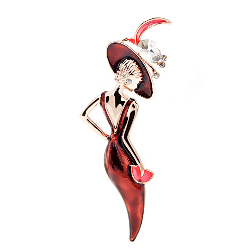 CINDY-XIANG-Wine-Red-Color-Sexy-Lady-Brooch-Enamel-Pins-Wear-Big-Hat-Party-Girl-Fashion