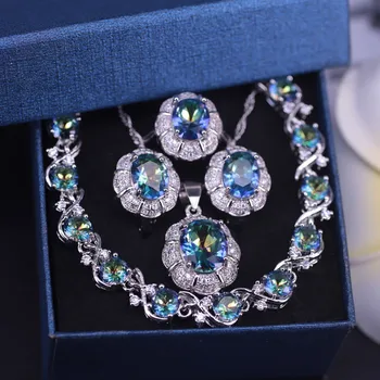 

Summer New Style Rainbow Cubic Zircon Silver Color Jewelry Set For Women Bracelet Ring Necklace Earring Set Fast Ship!