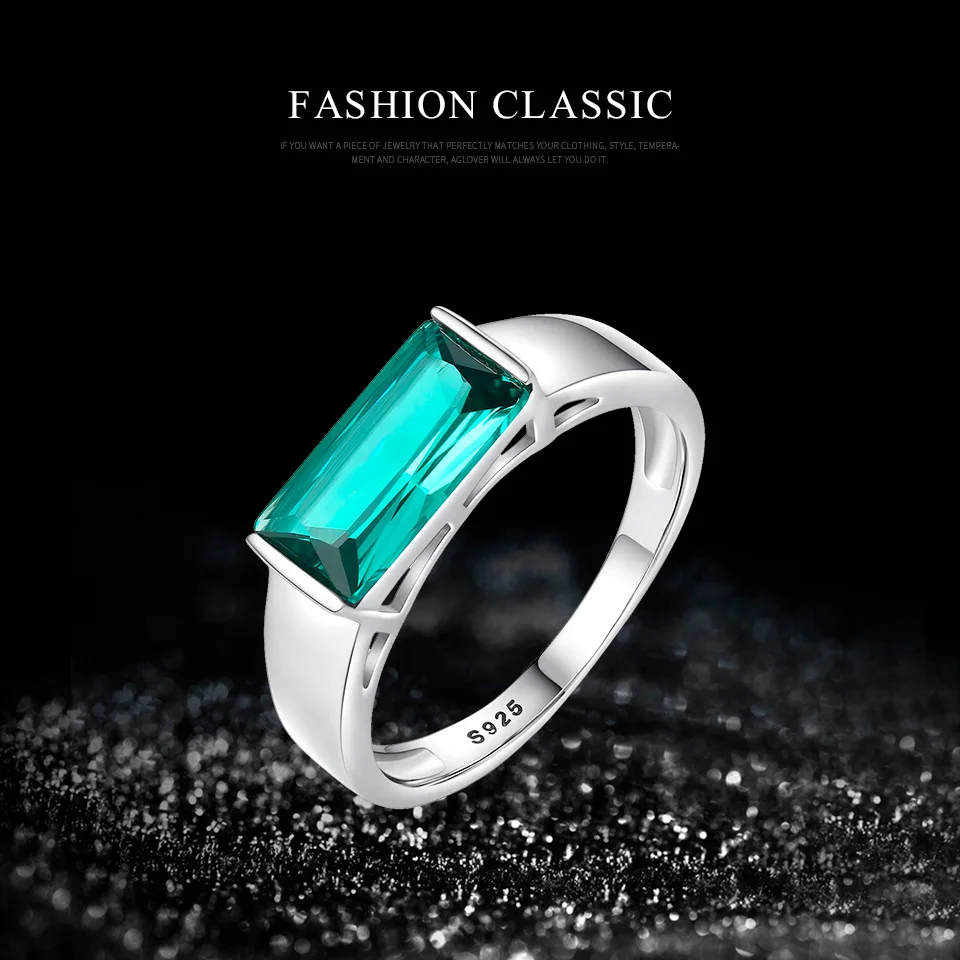AGLOVER Hot Sale 925 Sterling Silver Ring Green AAA Zircon Rectangular Ring Man Woman Party Wedding Fashion Birthday Gift