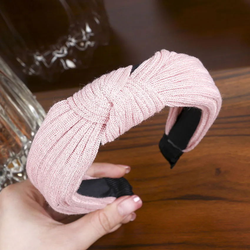 Leveo, одноцветные повязки на голову, ободок для вязания, завязанные повязки для волос для женщин, аксессуары для волос, зимняя Складная широкая повязка на голову, обруч для волос - Цвет: Розовый
