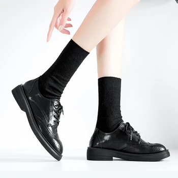 

Women Leather Flats oxford Shoes Sneakers lady brogues Vintage College British Casual shoes for Women 2020 black