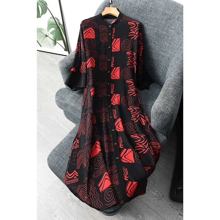 

Women Summer 100% Natural Silk Dress Vintage Print Natural silk dresses Elegant Dress Casual holiday real silk long shirt dress