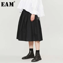 [EAM] высокая эластичная талия, черная плиссированная юбка с разрезом, темпераментная юбка, женская мода, новинка, весна-осень, 19A-a199