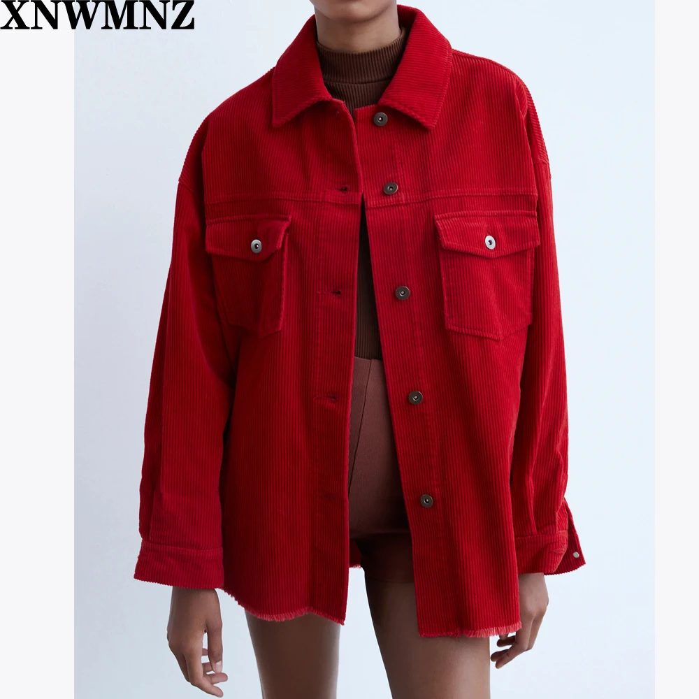 

XNWMNZ za corduroy overshirt Collared long sleeves front patch pockets with flaps welt pockets a frayed hem and metal button