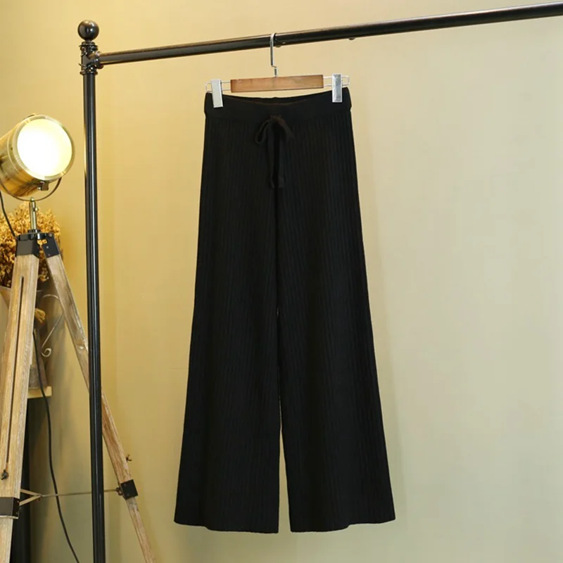GIGOGOU осенне-зимние вязаные Для женщин свитер брюки на шнурке Высокая Талия штаны толстые теплые плиссированные Для женщин брюки с широкими штанинами Черный, серый цвет - Цвет: 908 R Black