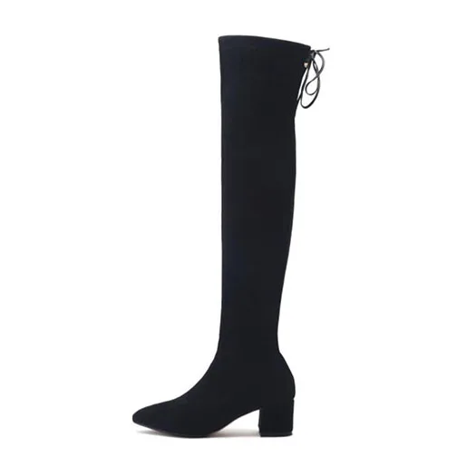 Black suede suede slim thigh women boots high heel long chunky black shoes lace up ladies winter pointed toe over the knee tall thick - Color: Black suede