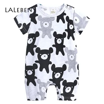 

2020 Laleben Cartoon Bear Newborn Rompers Summer Unisex Cotton Baby Clothes O-neck Covered Button Baby Short-sleeved Clothes