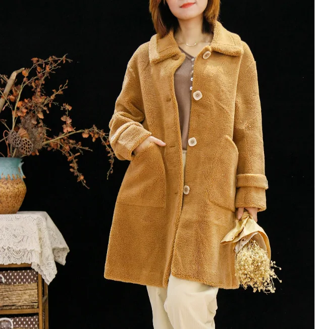 

Literature And Art-Style 19 Autumn And Winter New Style Simple Solid Color Lambs Wool Coffee Color Mid-length Versatile Thick Co