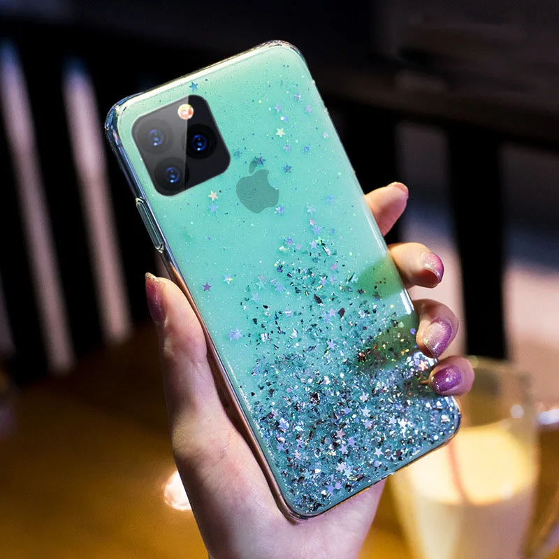 Небесно-голубой Чехол для iPhone 11 Pro Max, чехол с блестящей звездой для iPhone11 Pro MAX X R XR XS 7 8 6s Plus, прозрачный мягкий чехол из серебристой фольги - Цвет: Небесно-голубой