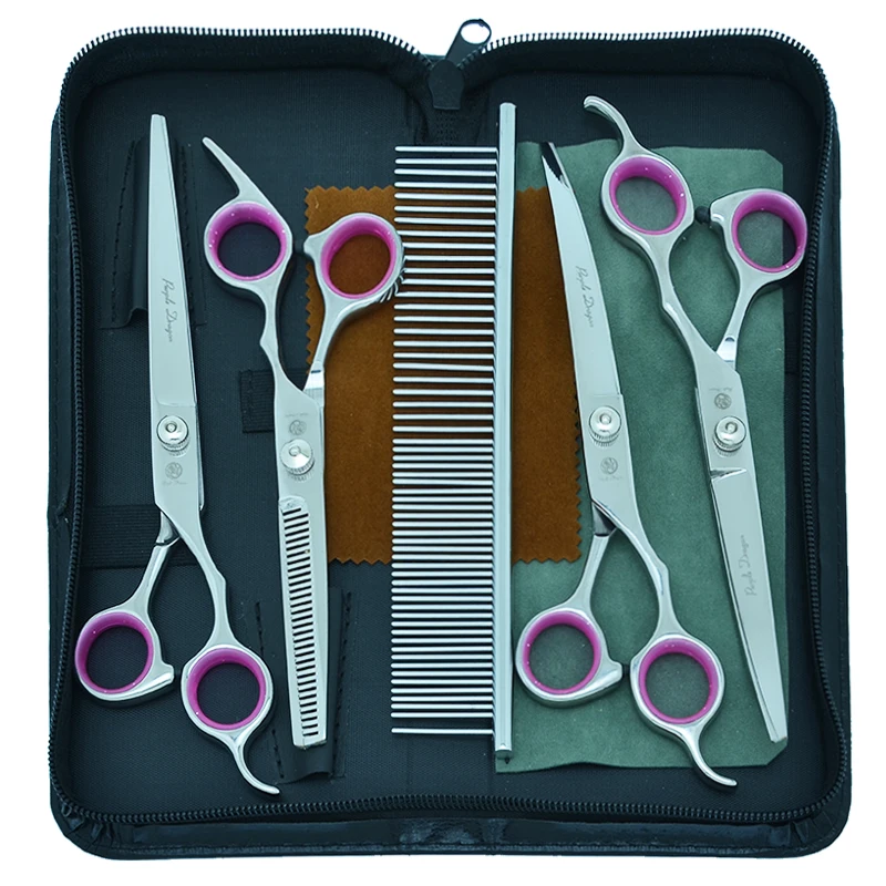 Filhote de Cachorro Dragão Roxo Polegada Tesoura Conjunto Pet Grooming Reta Tesouras Curvo Pele Clipper Diluir Tijeras B0008b 7 Cão 1 Dragão roxo 7 polegada cão tesoura conjunto