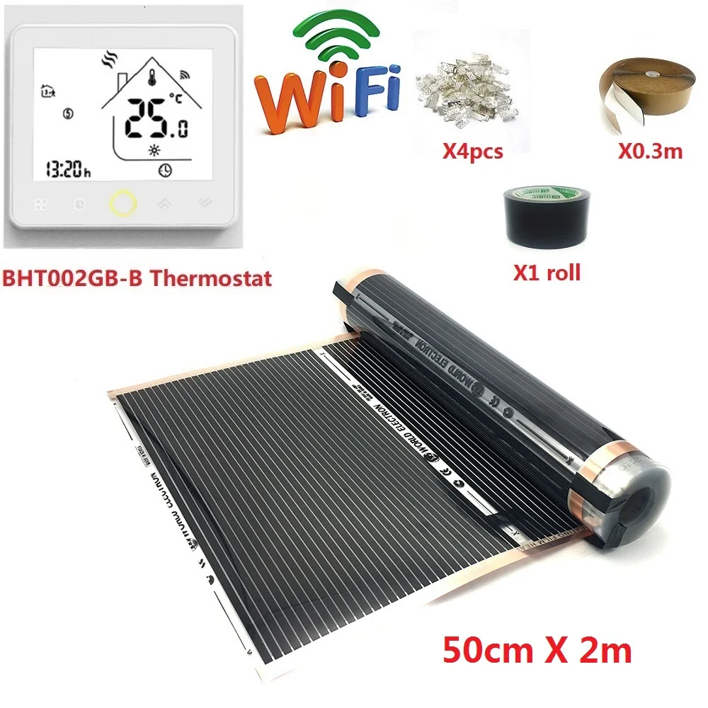 50cmX2m Infrared Floor Heating Film Warm Floor Mat Kits with WiFi Thermostat Clamps Insulation