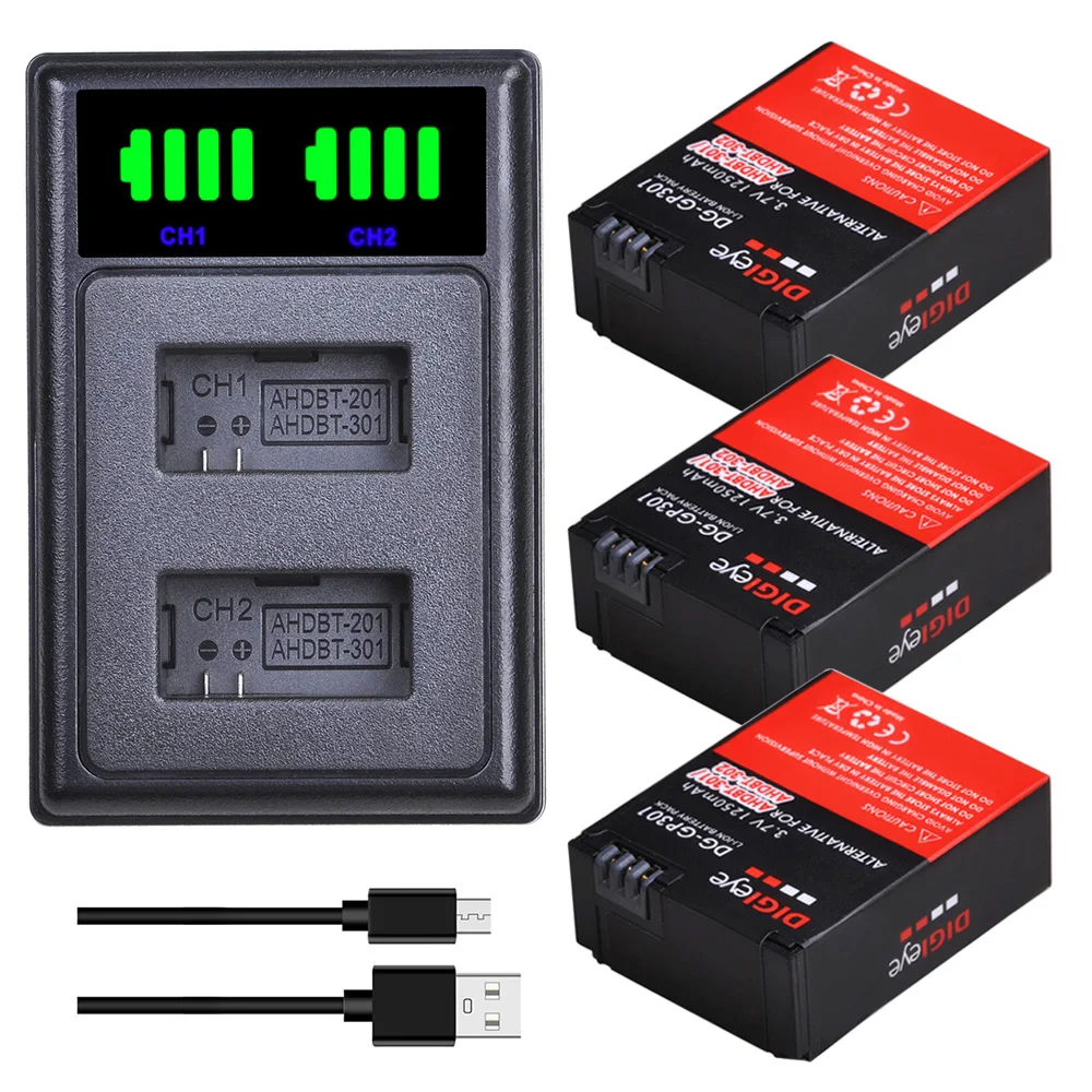 3Pcs AHDBT-301 Battery + LED Dual Charger for Gopro 3 Battery GoPro HERO3+, HERO3 and GoPro AHDBT-201, AHDBT-301, AHDBT-302