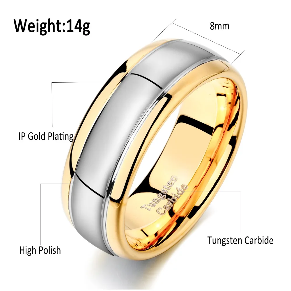 Newshe мужское кольцо из карбида вольфрама гладкое серебряное и золотистое 8 мм обручальное кольцо для мужчин модное ювелирное изделие Размер 9-13 TRX043