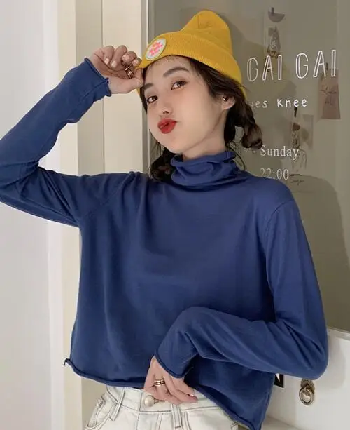 turtleneck blue 8 цветов, Осенний корейский стиль, Одноцветный вязаный Топ, водолазка, длинный рукав, футболка, женские свободные футболки, женская рубашка(J9910 - Цвет: turtleneck blue